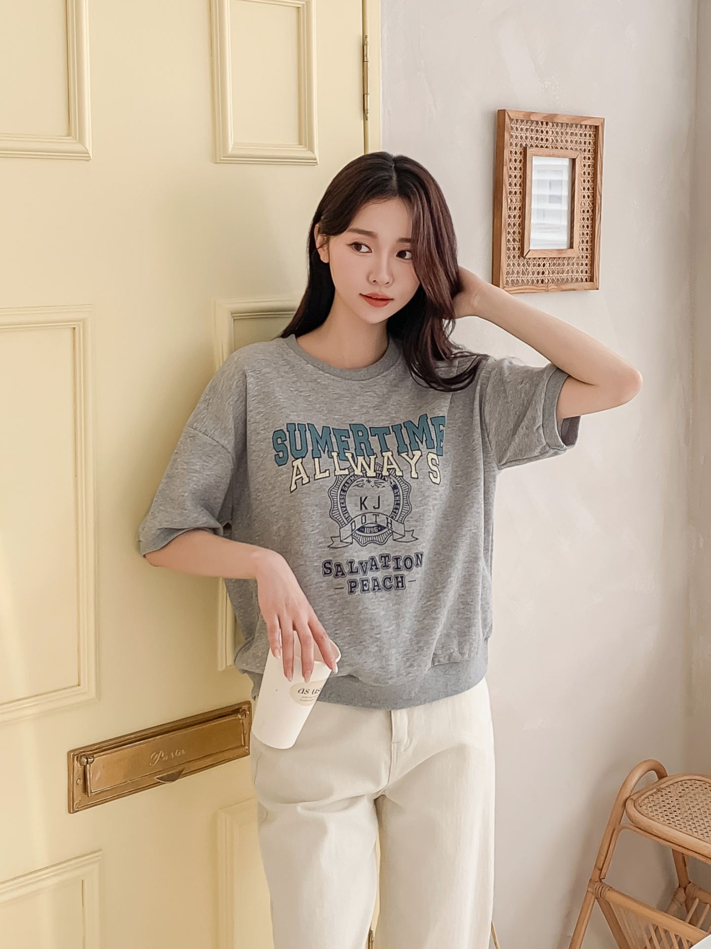 ラウンドネックルーズ半袖ドロップショルダーレタリングスウェット | 詳細画像12