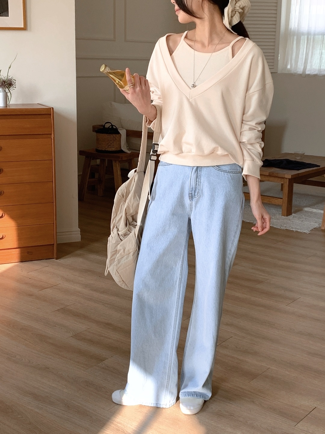 Vネッククロップドルーズ長袖レイヤード無地スウェット | 詳細画像3