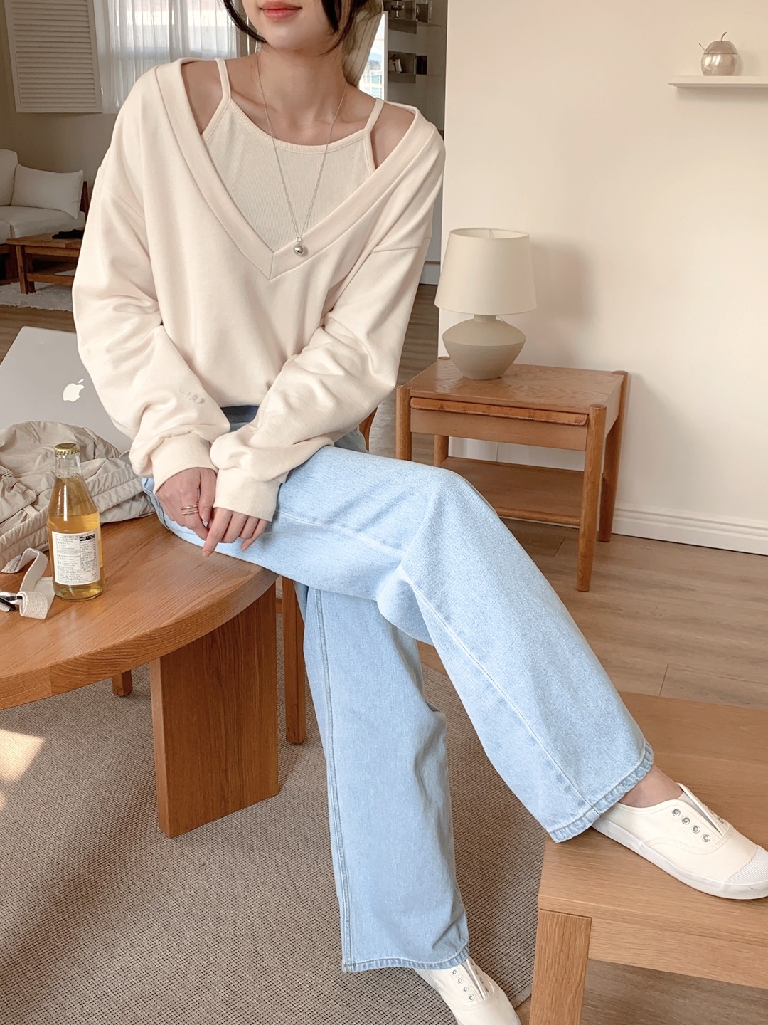 Vネッククロップドルーズ長袖レイヤード無地スウェット | 詳細画像7