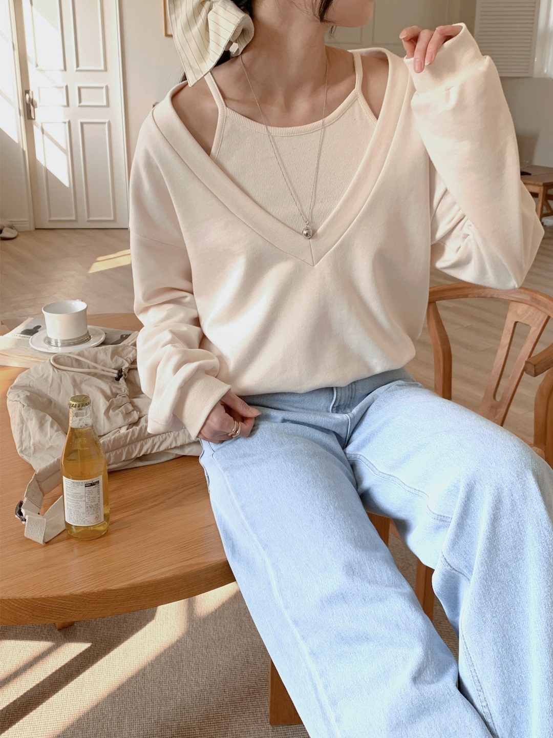 Vネッククロップドルーズ長袖レイヤード無地スウェット | 詳細画像8