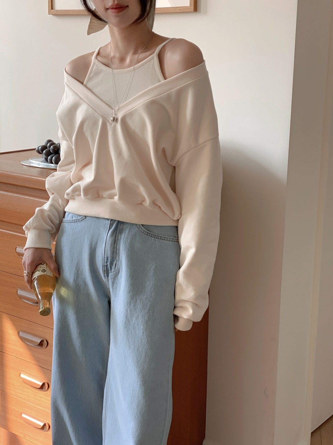 Vネッククロップドルーズ長袖レイヤード無地スウェット | 詳細画像12