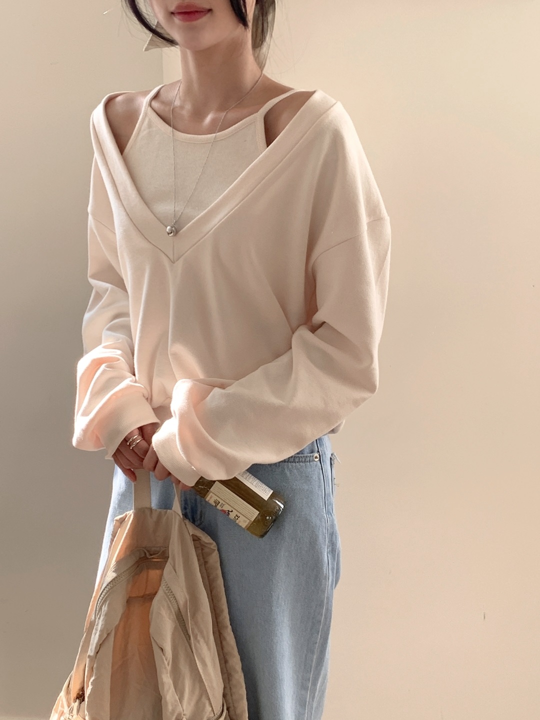 Vネッククロップドルーズ長袖レイヤード無地スウェット | 詳細画像15