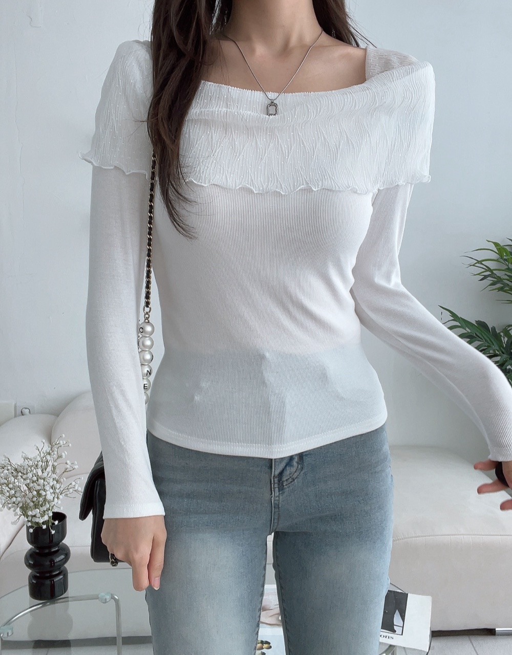 レーススクエアネックスリム長袖無地Tシャツ | 詳細画像2