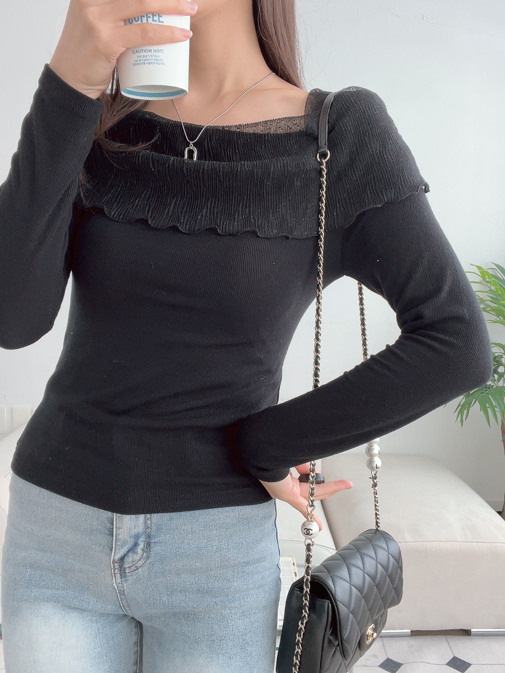 レーススクエアネックスリム長袖無地Tシャツ | 詳細画像9