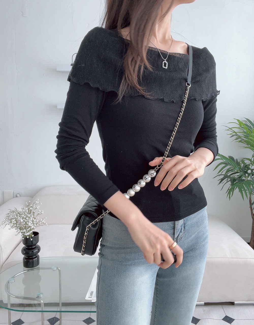 レーススクエアネックスリム長袖無地Tシャツ | 詳細画像10