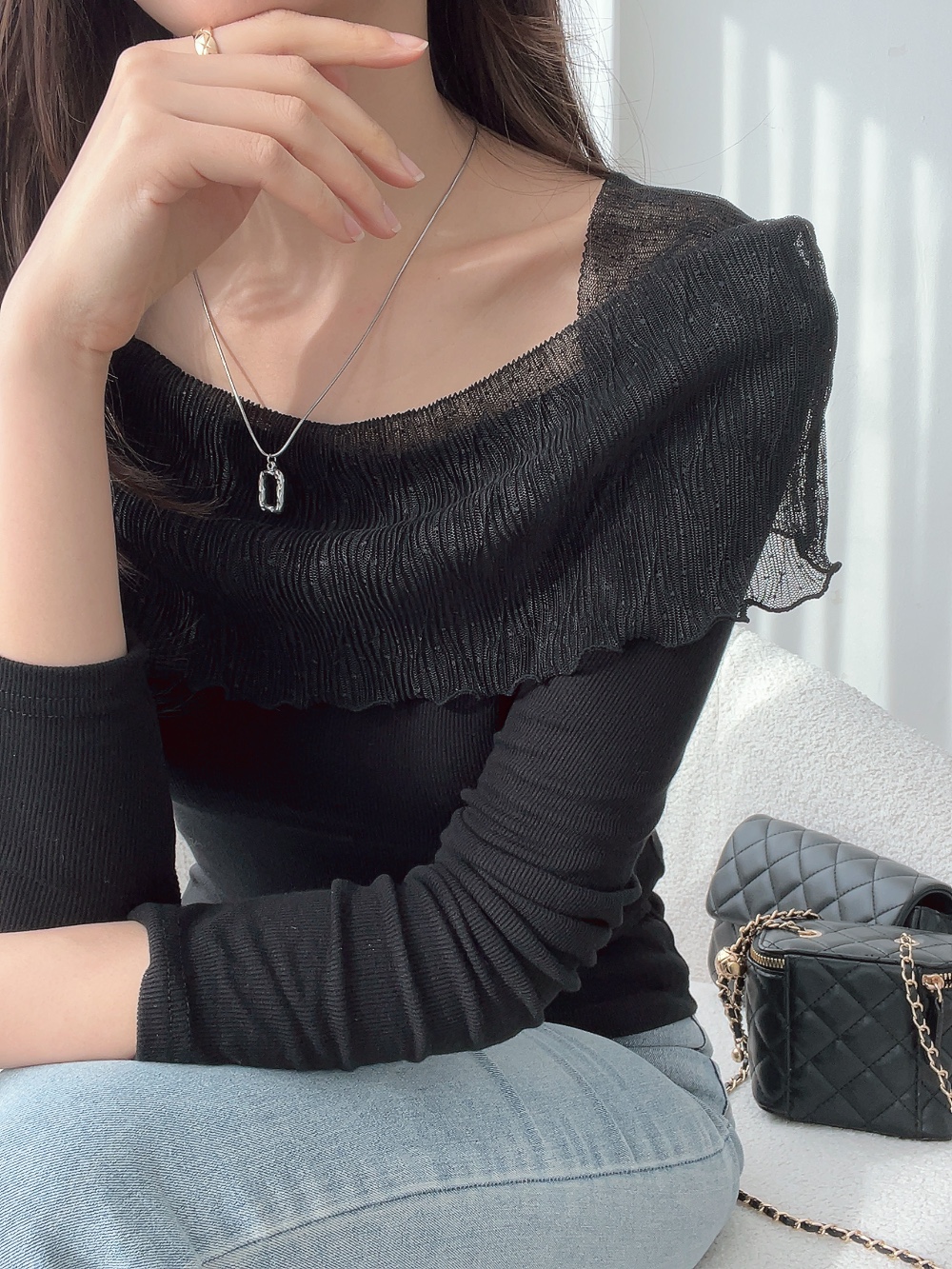 レーススクエアネックスリム長袖無地Tシャツ | 詳細画像11