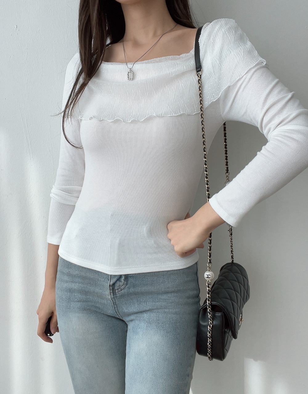 レーススクエアネックスリム長袖無地Tシャツ | 詳細画像5