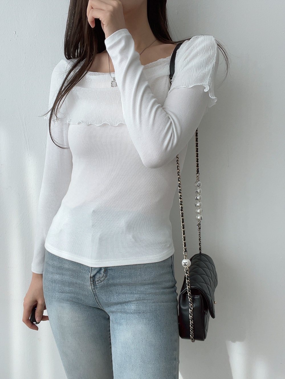 レーススクエアネックスリム長袖無地Tシャツ | 詳細画像6