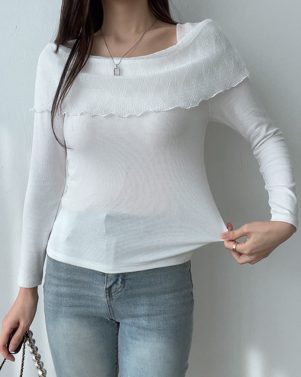 レーススクエアネックスリム長袖無地Tシャツ | 詳細画像7