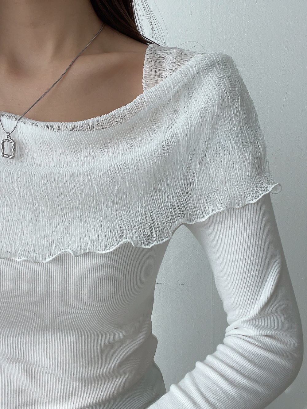 レーススクエアネックスリム長袖無地Tシャツ | 詳細画像8