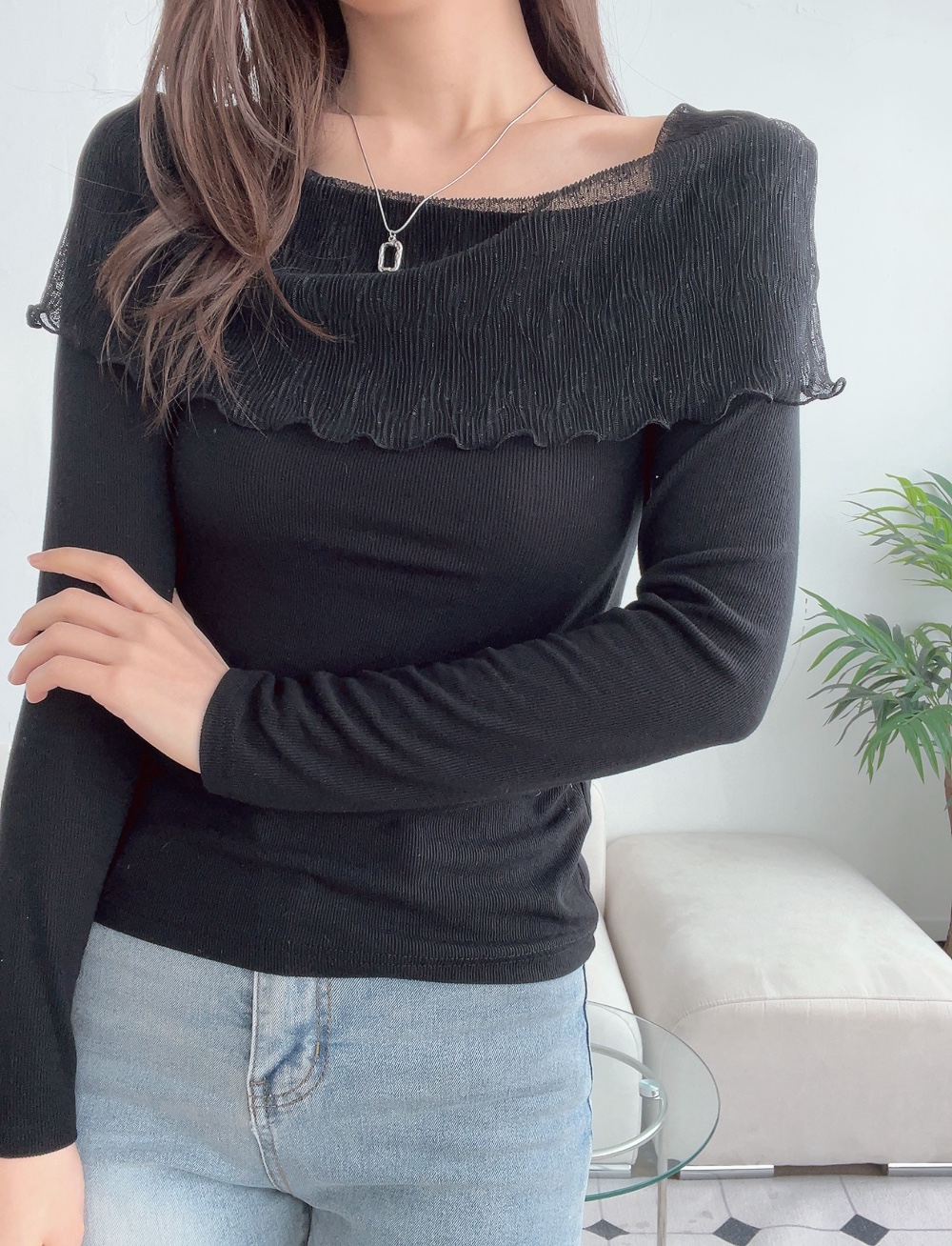 レーススクエアネックスリム長袖無地Tシャツ | 詳細画像12