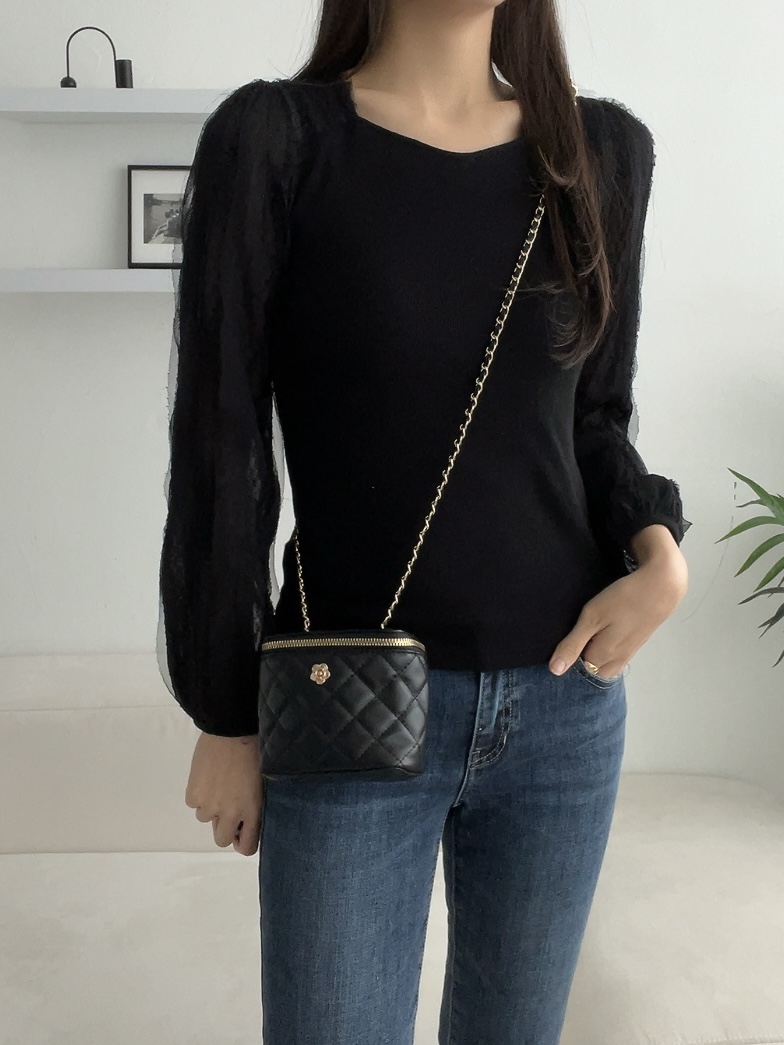 レースコンビパフスリーブスリムダイヤモンドネック長袖無地Tシャツ | 詳細画像3