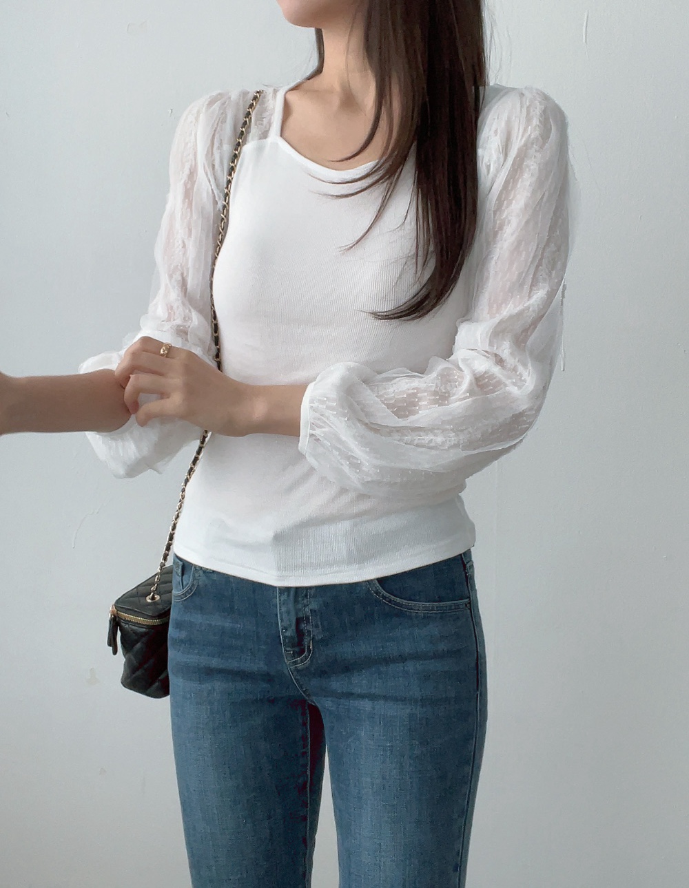 レースコンビパフスリーブスリムダイヤモンドネック長袖無地Tシャツ | 詳細画像9