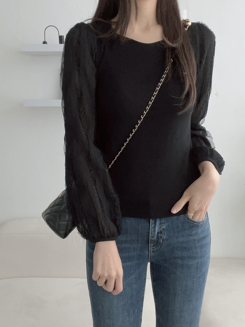 レースコンビパフスリーブスリムダイヤモンドネック長袖無地Tシャツ | 詳細画像5