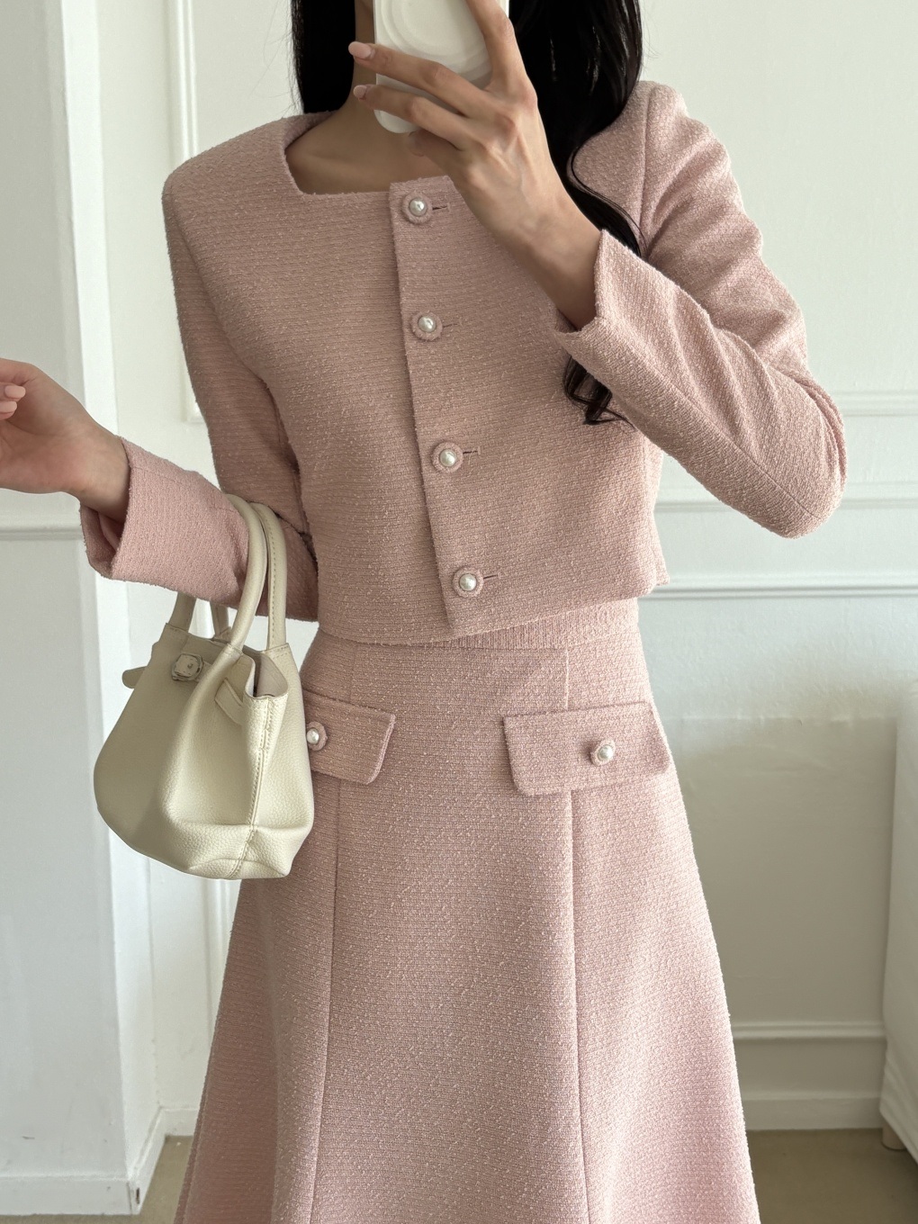 スクエアネック肩パッドラインクロップドロング長袖ビジューボタンフレアAライン無地ツーピース(トップス、ボトムス)スカートジャケット | 詳細画像8