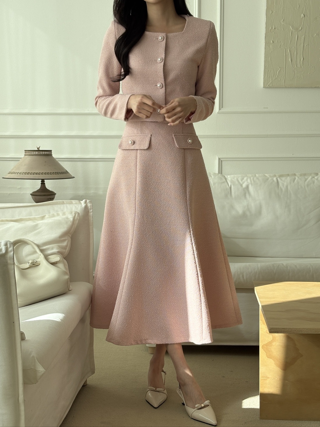 スクエアネック肩パッドクロップド長袖ビジューボタン無地ジャケット | 詳細画像2