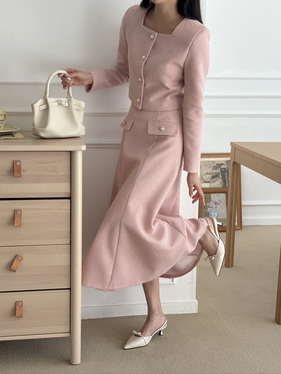 スクエアネック肩パッドクロップド長袖ビジューボタン無地ジャケット | 詳細画像7