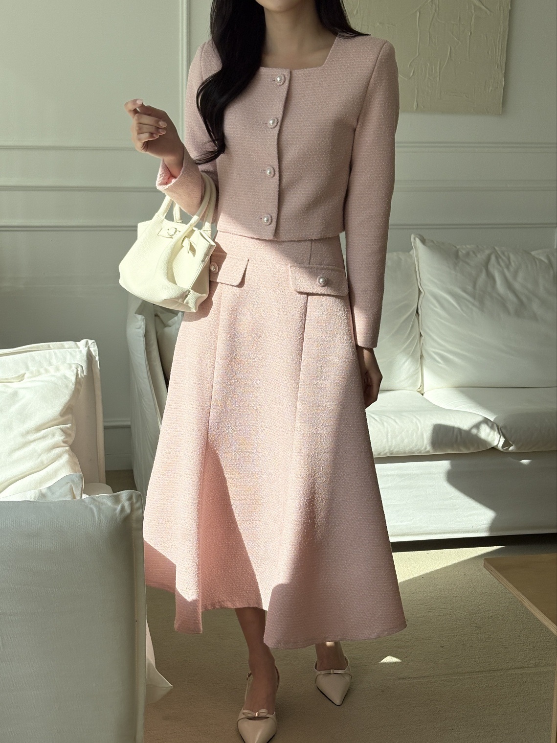 スクエアネック肩パッドクロップド長袖ビジューボタン無地ジャケット | 詳細画像15