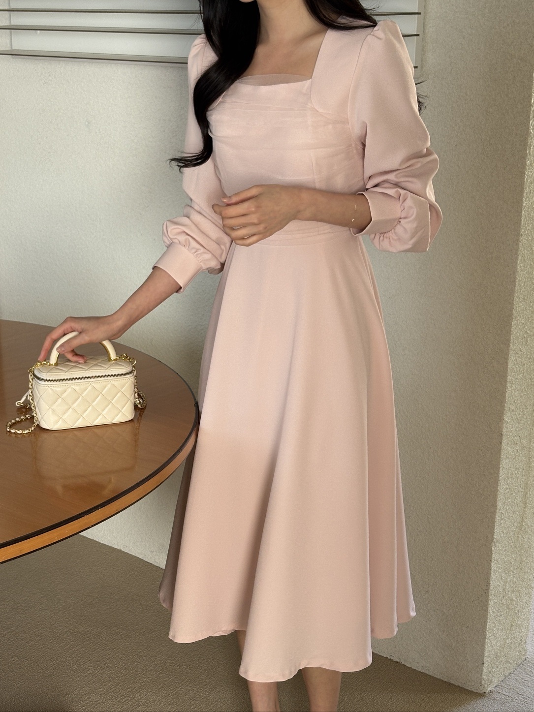 シフォンコンビスクエアネックパフスリーブロング長袖ギャザーフレアAラインボタンスリーブ無地ワンピース | 詳細画像3