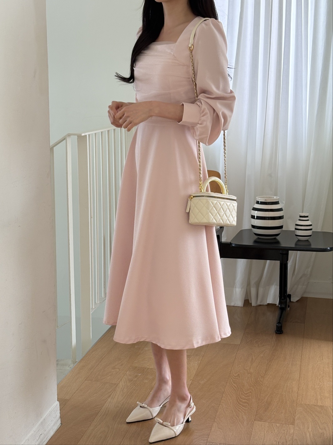 シフォンコンビスクエアネックパフスリーブロング長袖ギャザーフレアAラインボタンスリーブ無地ワンピース | 詳細画像5