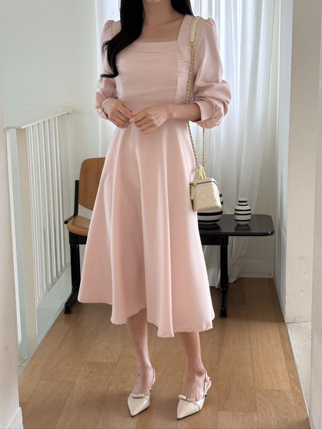 シフォンコンビスクエアネックパフスリーブロング長袖ギャザーフレアAラインボタンスリーブ無地ワンピース | 詳細画像6