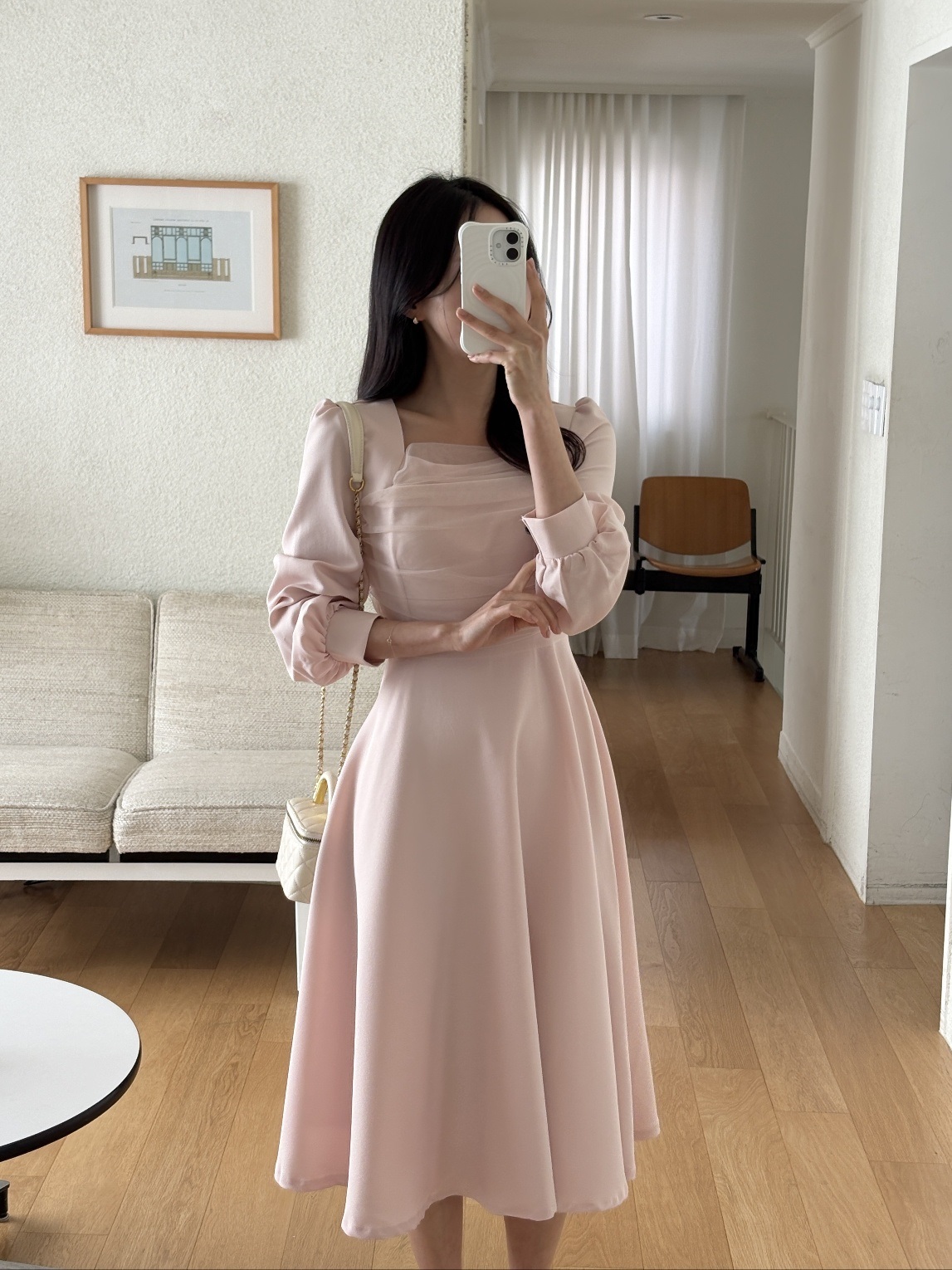 シフォンコンビスクエアネックパフスリーブロング長袖ギャザーフレアAラインボタンスリーブ無地ワンピース | 詳細画像7