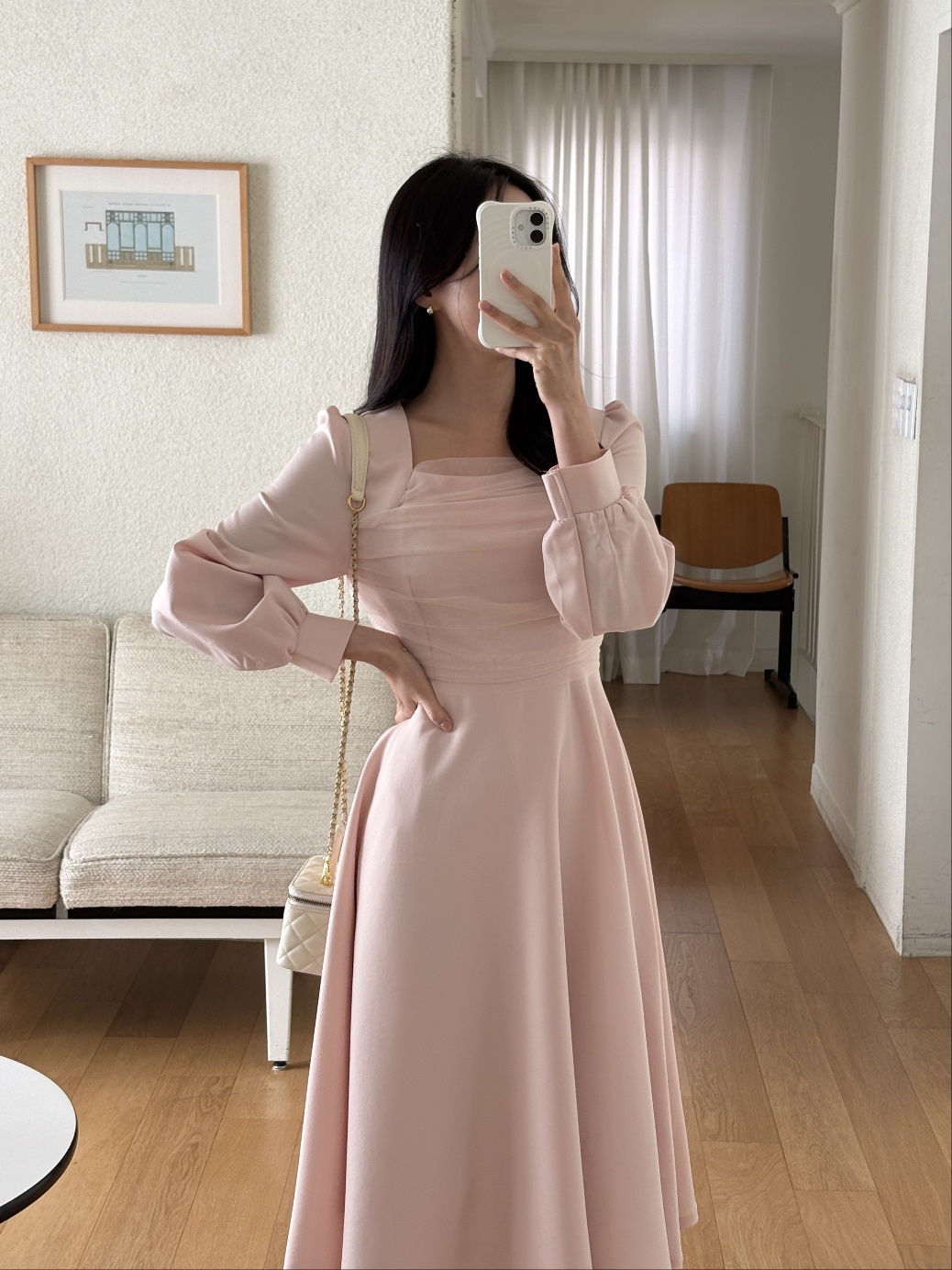 シフォンコンビスクエアネックパフスリーブロング長袖ギャザーフレアAラインボタンスリーブ無地ワンピース | 詳細画像8