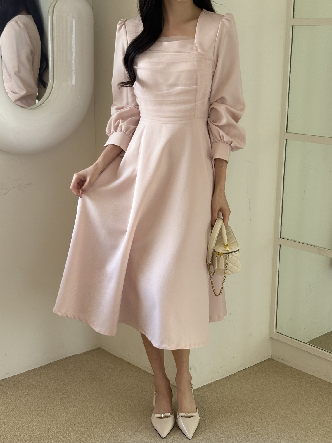 シフォンコンビスクエアネックパフスリーブロング長袖ギャザーフレアAラインボタンスリーブ無地ワンピース | 詳細画像9