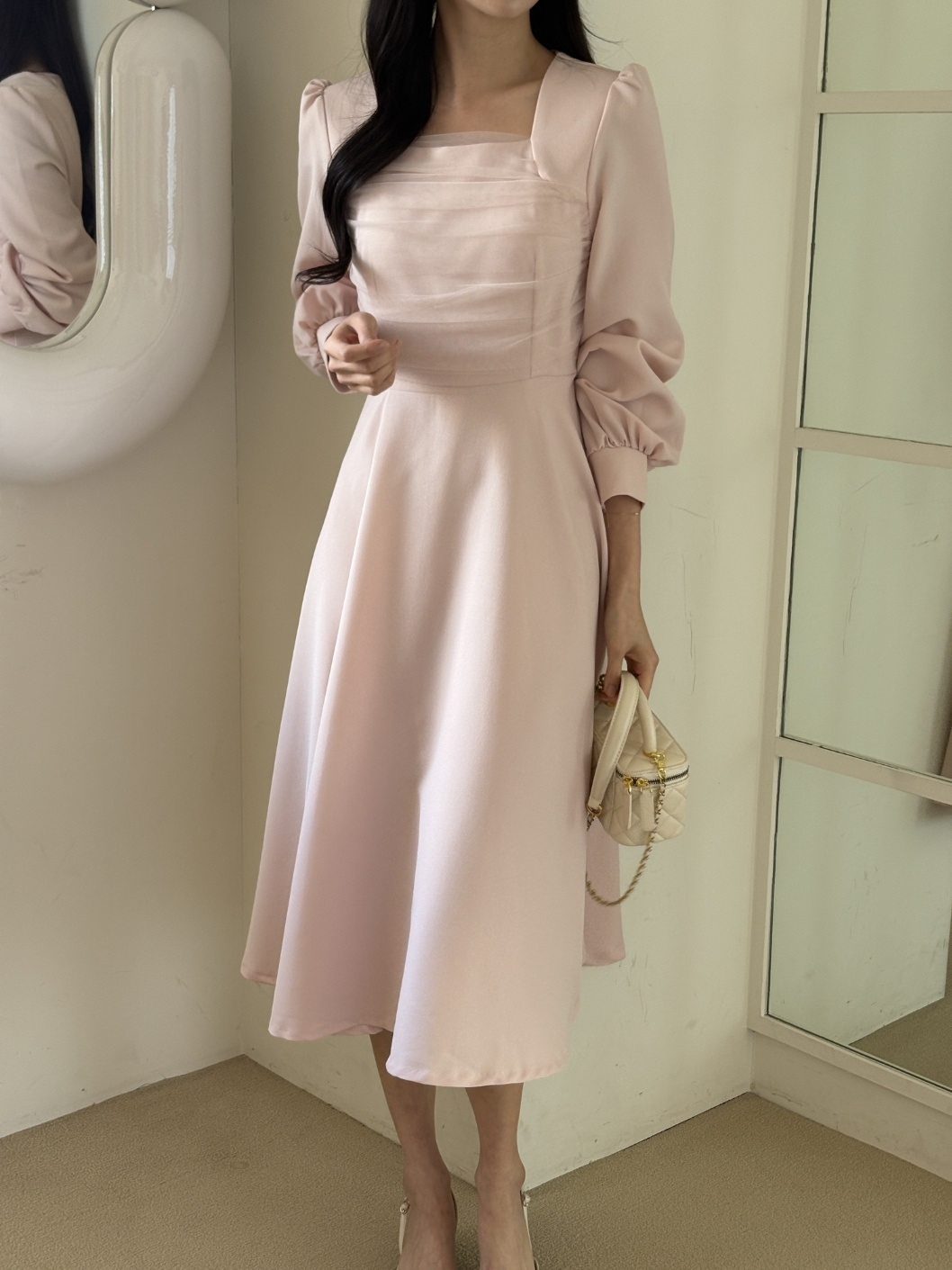 シフォンコンビスクエアネックパフスリーブロング長袖ギャザーフレアAラインボタンスリーブ無地ワンピース | 詳細画像10