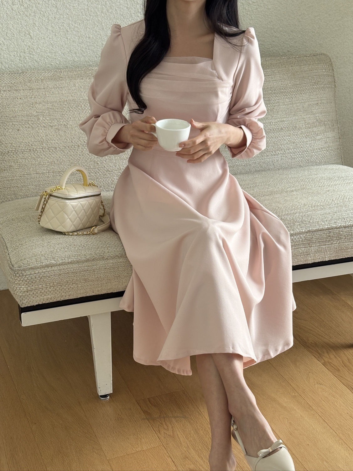 シフォンコンビスクエアネックパフスリーブロング長袖ギャザーフレアAラインボタンスリーブ無地ワンピース | 詳細画像11