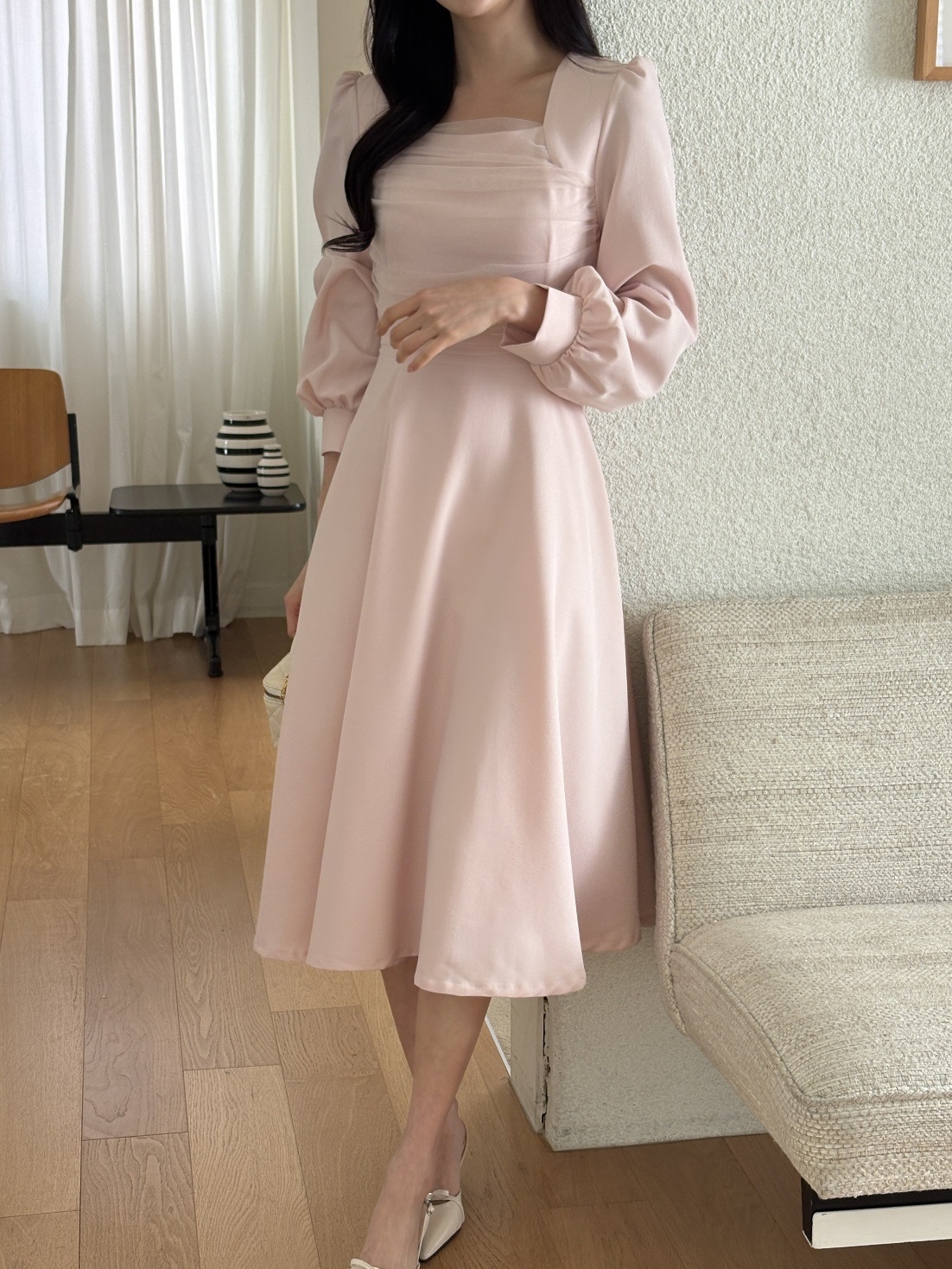 シフォンコンビスクエアネックパフスリーブロング長袖ギャザーフレアAラインボタンスリーブ無地ワンピース | 詳細画像12