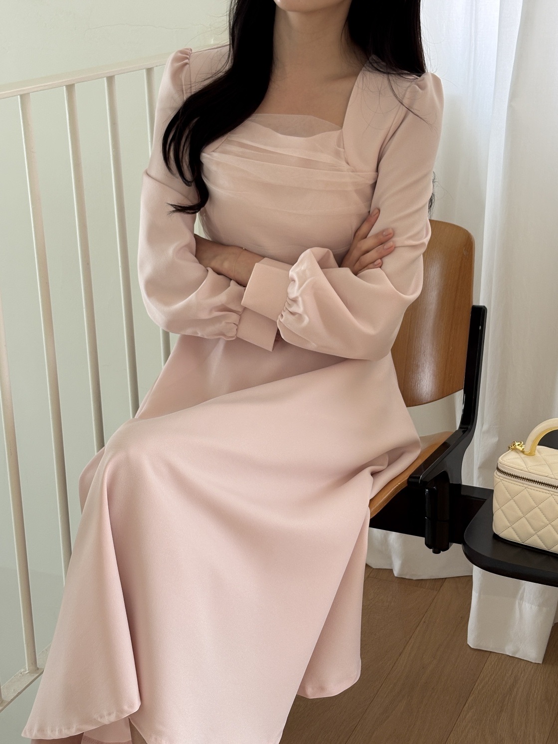 シフォンコンビスクエアネックパフスリーブロング長袖ギャザーフレアAラインボタンスリーブ無地ワンピース | 詳細画像13