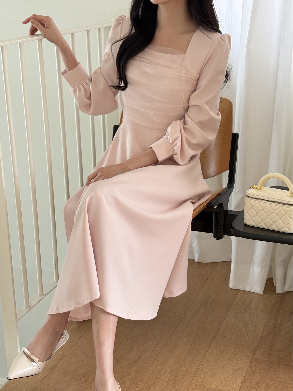 シフォンコンビスクエアネックパフスリーブロング長袖ギャザーフレアAラインボタンスリーブ無地ワンピース | 詳細画像14