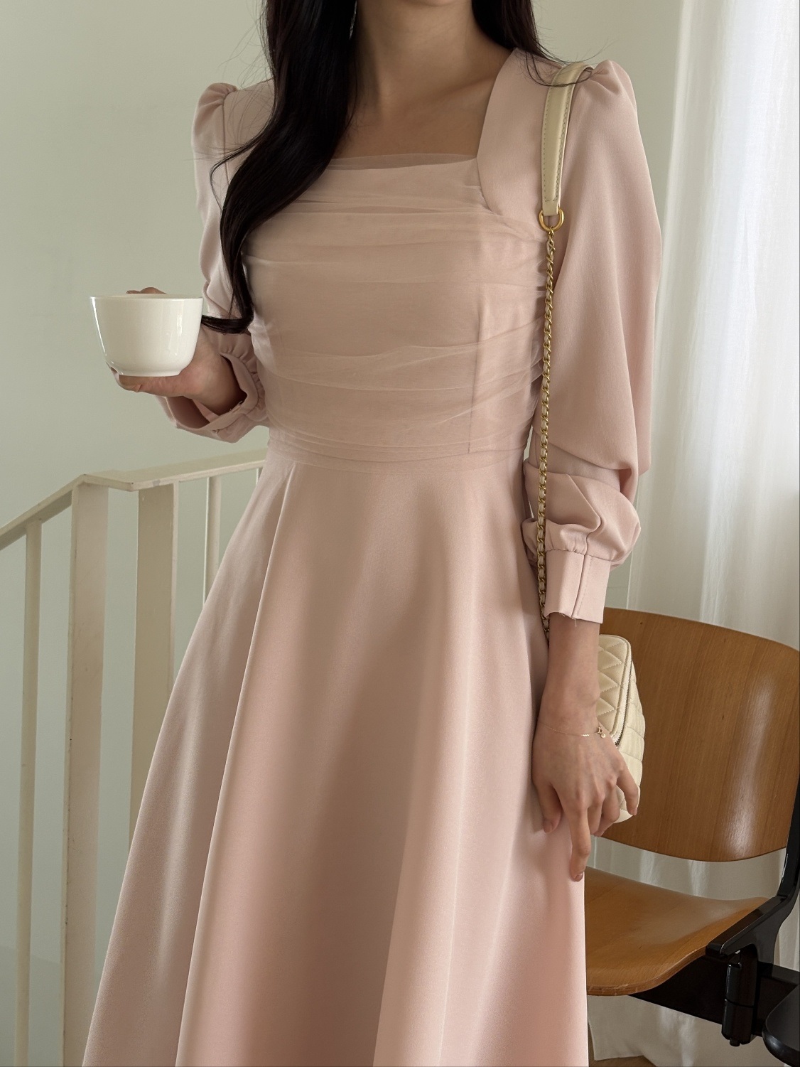 シフォンコンビスクエアネックパフスリーブロング長袖ギャザーフレアAラインボタンスリーブ無地ワンピース | 詳細画像16