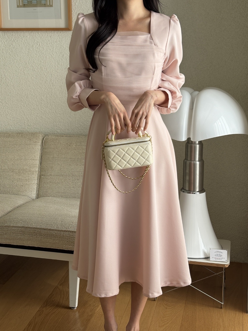 シフォンコンビスクエアネックパフスリーブロング長袖ギャザーフレアAラインボタンスリーブ無地ワンピース | 詳細画像17