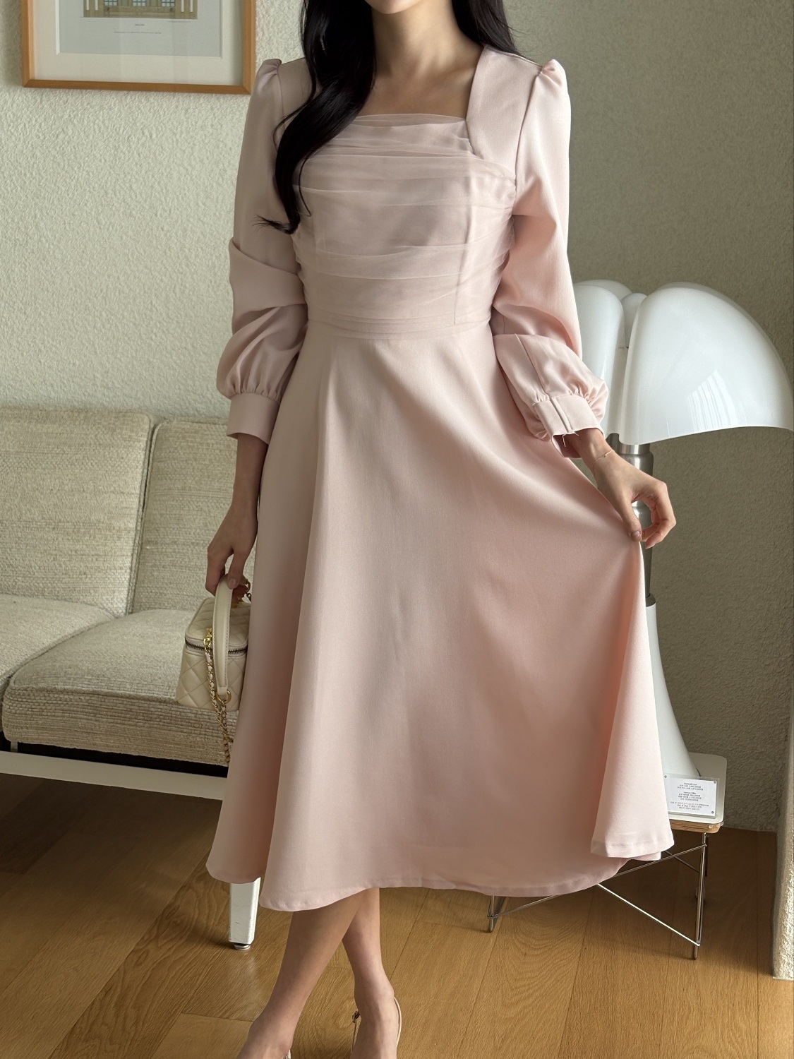 シフォンコンビスクエアネックパフスリーブロング長袖ギャザーフレアAラインボタンスリーブ無地ワンピース | 詳細画像18