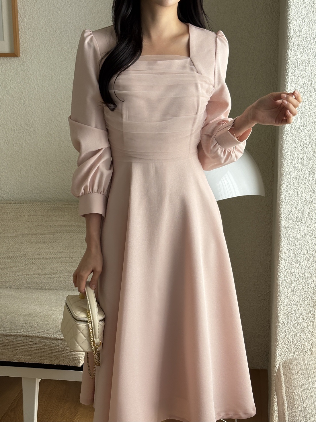 シフォンコンビスクエアネックパフスリーブロング長袖ギャザーフレアAラインボタンスリーブ無地ワンピース | 詳細画像19