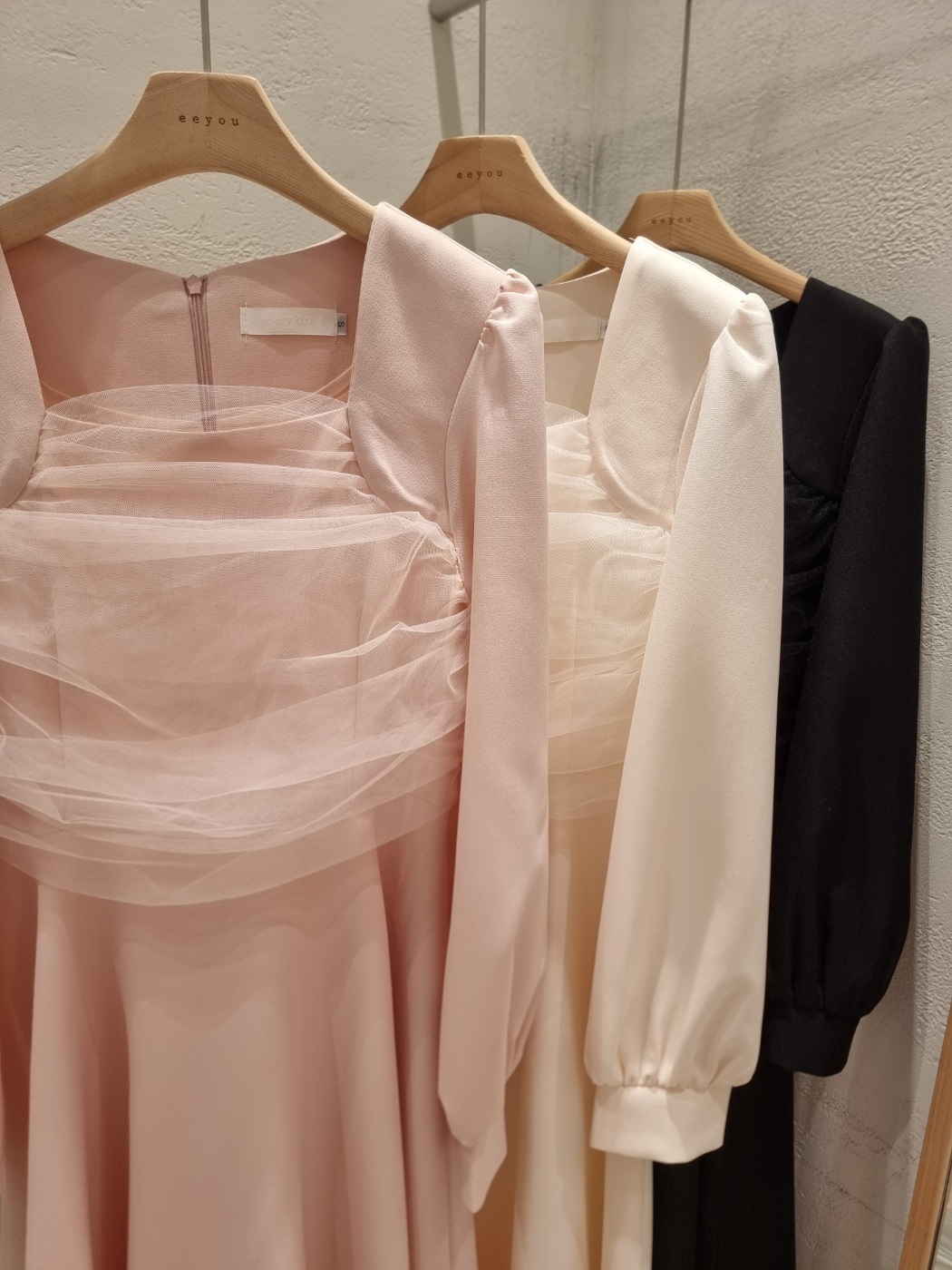 シフォンコンビスクエアネックパフスリーブロング長袖ギャザーフレアAラインボタンスリーブ無地ワンピース | 詳細画像22