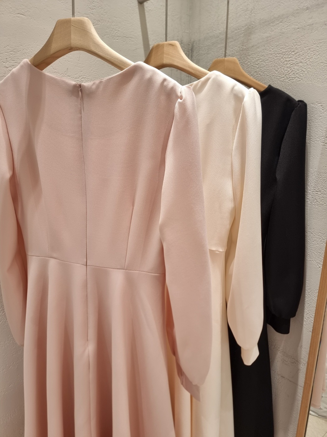 シフォンコンビスクエアネックパフスリーブロング長袖ギャザーフレアAラインボタンスリーブ無地ワンピース | 詳細画像24