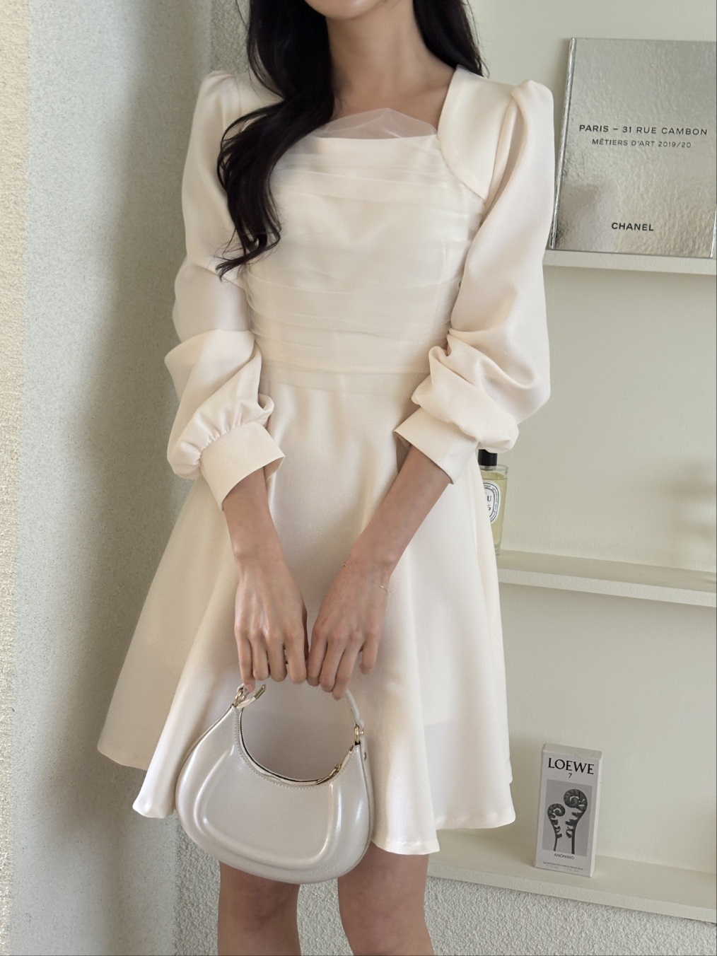 シフォンコンビスクエアネックパフスリーブ長袖フレアAラインボタンスリーブミニ無地ワンピース | 詳細画像2