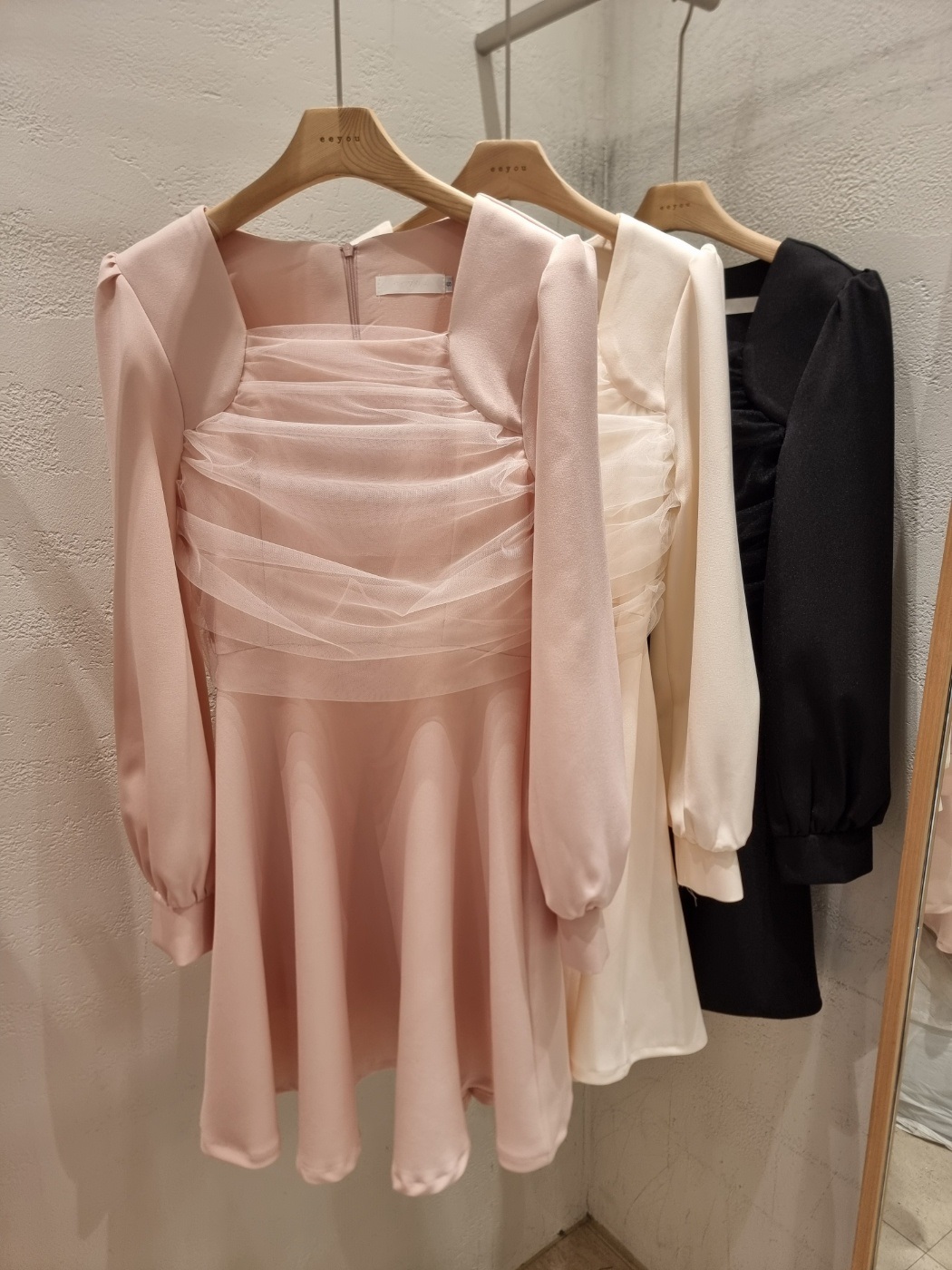 シフォンコンビスクエアネックパフスリーブ長袖フレアAラインボタンスリーブミニ無地ワンピース | 詳細画像21