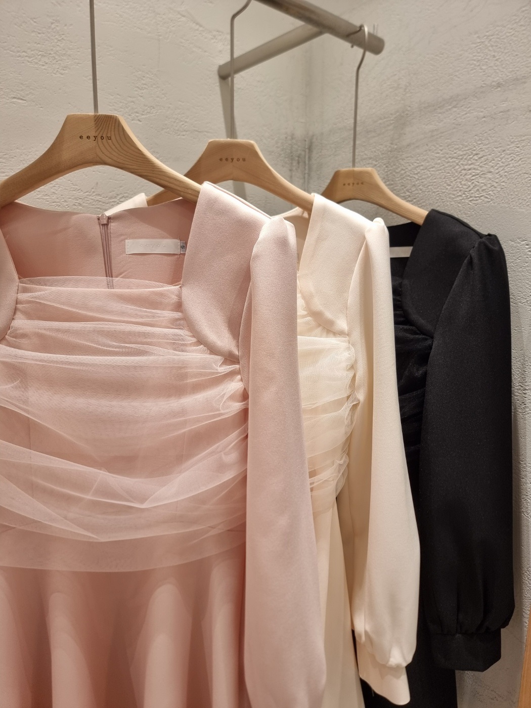 シフォンコンビスクエアネックパフスリーブ長袖フレアAラインボタンスリーブミニ無地ワンピース | 詳細画像22