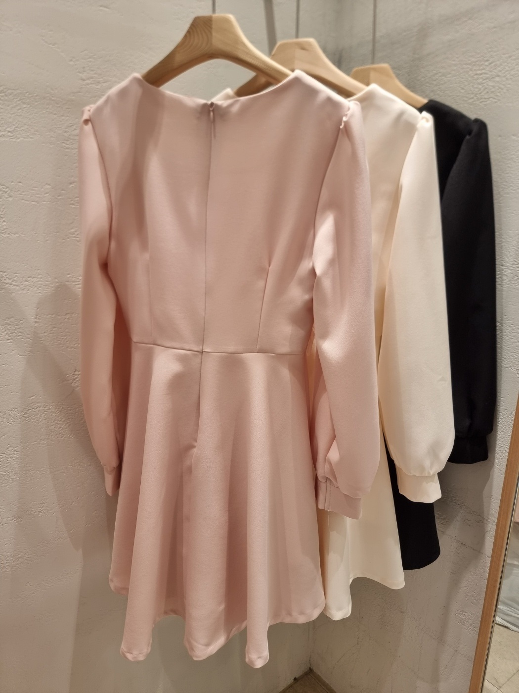 シフォンコンビスクエアネックパフスリーブ長袖フレアAラインボタンスリーブミニ無地ワンピース | 詳細画像23