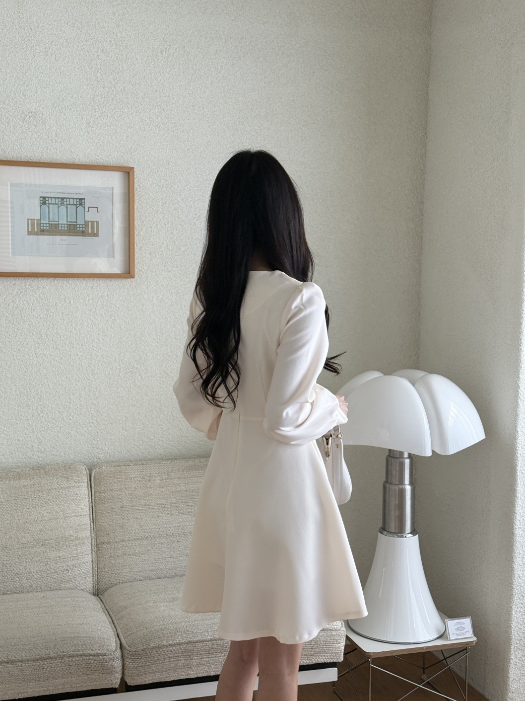 シフォンコンビスクエアネックパフスリーブ長袖フレアAラインボタンスリーブミニ無地ワンピース | 詳細画像3