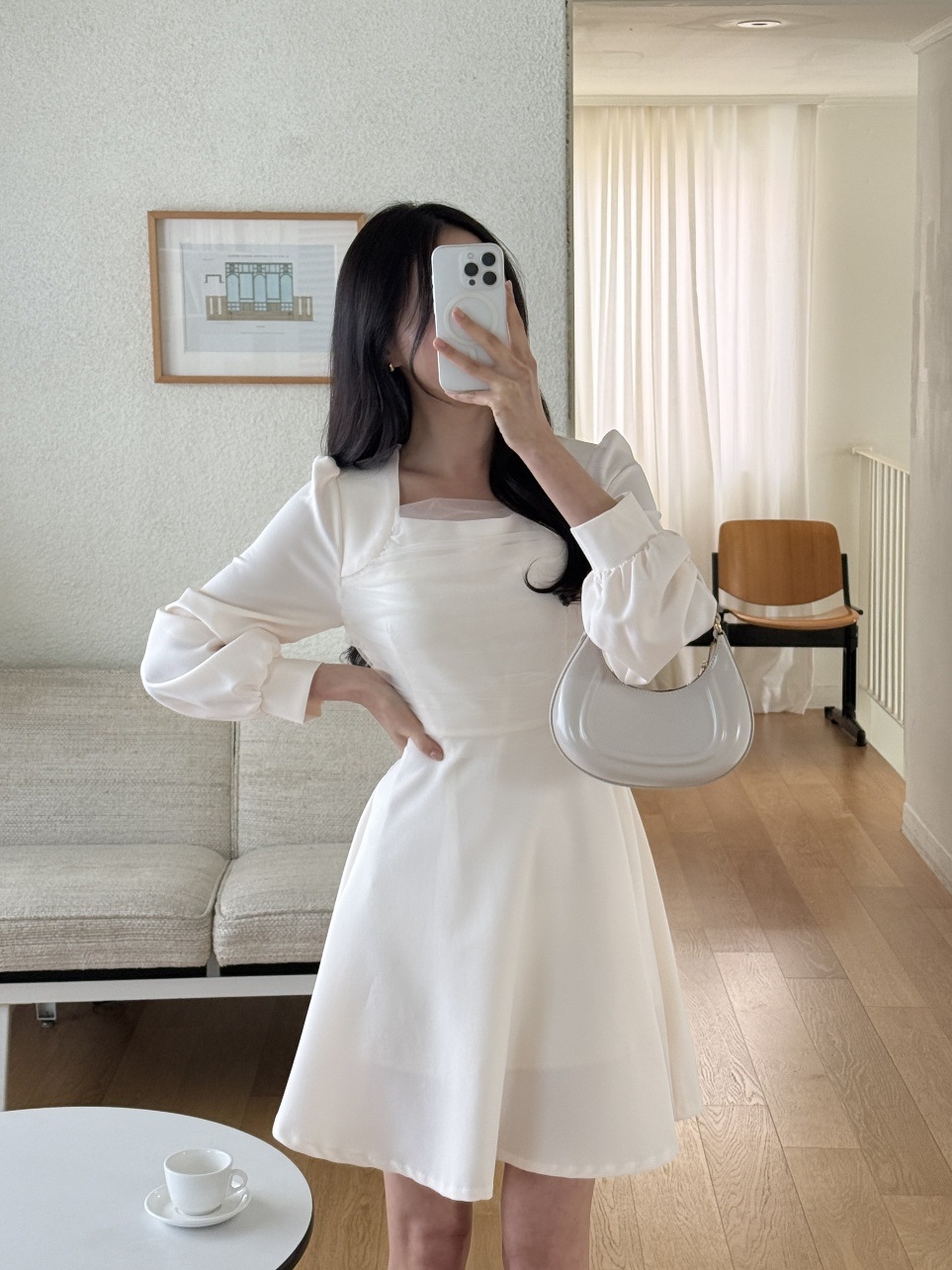 シフォンコンビスクエアネックパフスリーブ長袖フレアAラインボタンスリーブミニ無地ワンピース | 詳細画像4