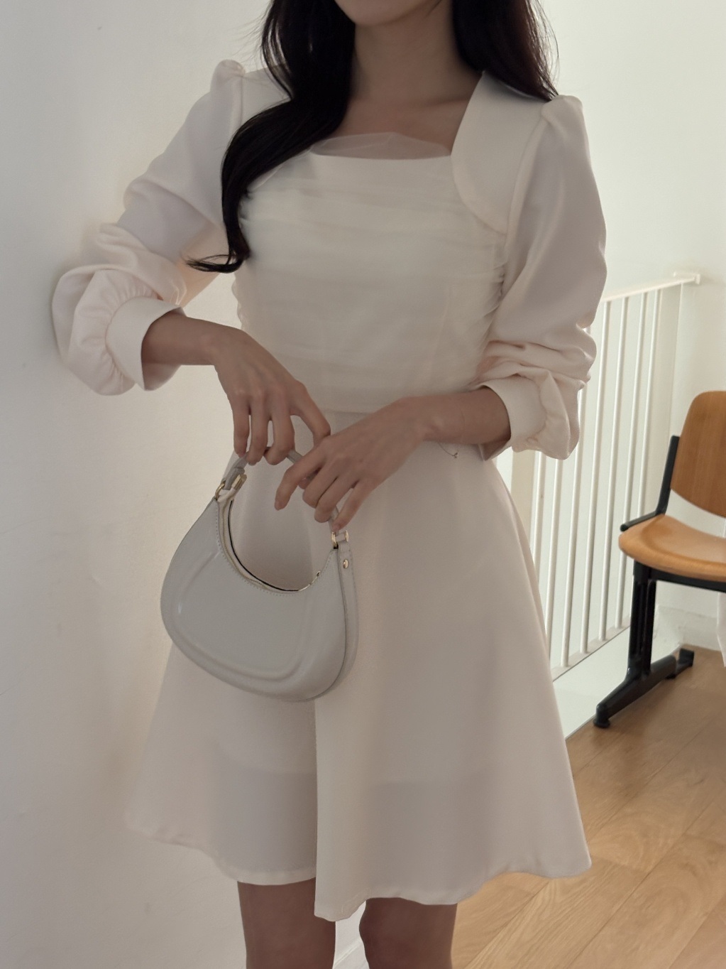 シフォンコンビスクエアネックパフスリーブ長袖フレアAラインボタンスリーブミニ無地ワンピース | 詳細画像6