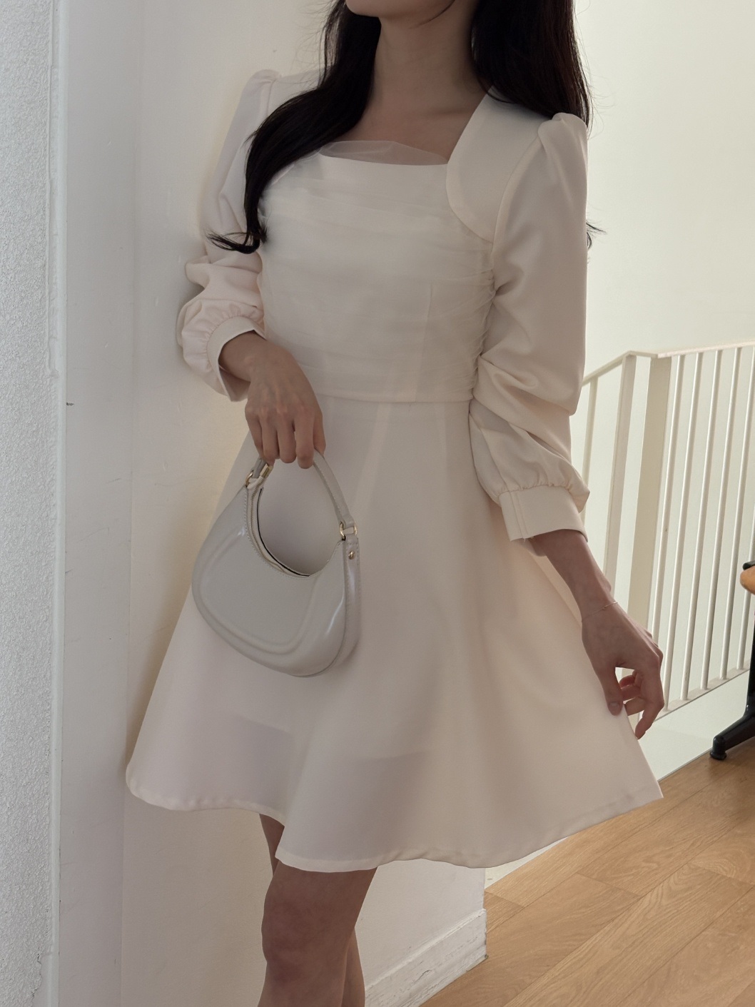 シフォンコンビスクエアネックパフスリーブ長袖フレアAラインボタンスリーブミニ無地ワンピース | 詳細画像7