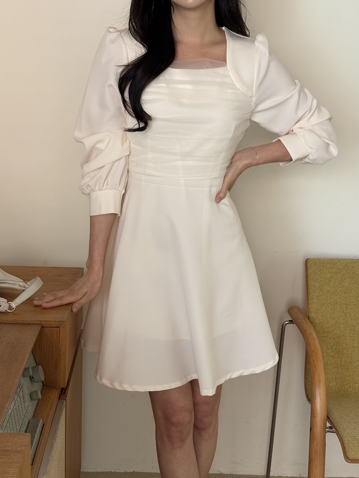 シフォンコンビスクエアネックパフスリーブ長袖フレアAラインボタンスリーブミニ無地ワンピース | 詳細画像8