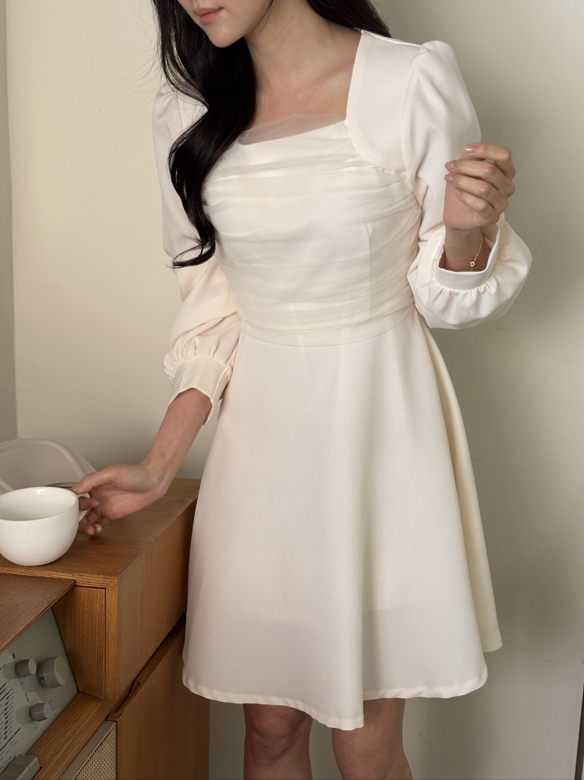 シフォンコンビスクエアネックパフスリーブ長袖フレアAラインボタンスリーブミニ無地ワンピース | 詳細画像9