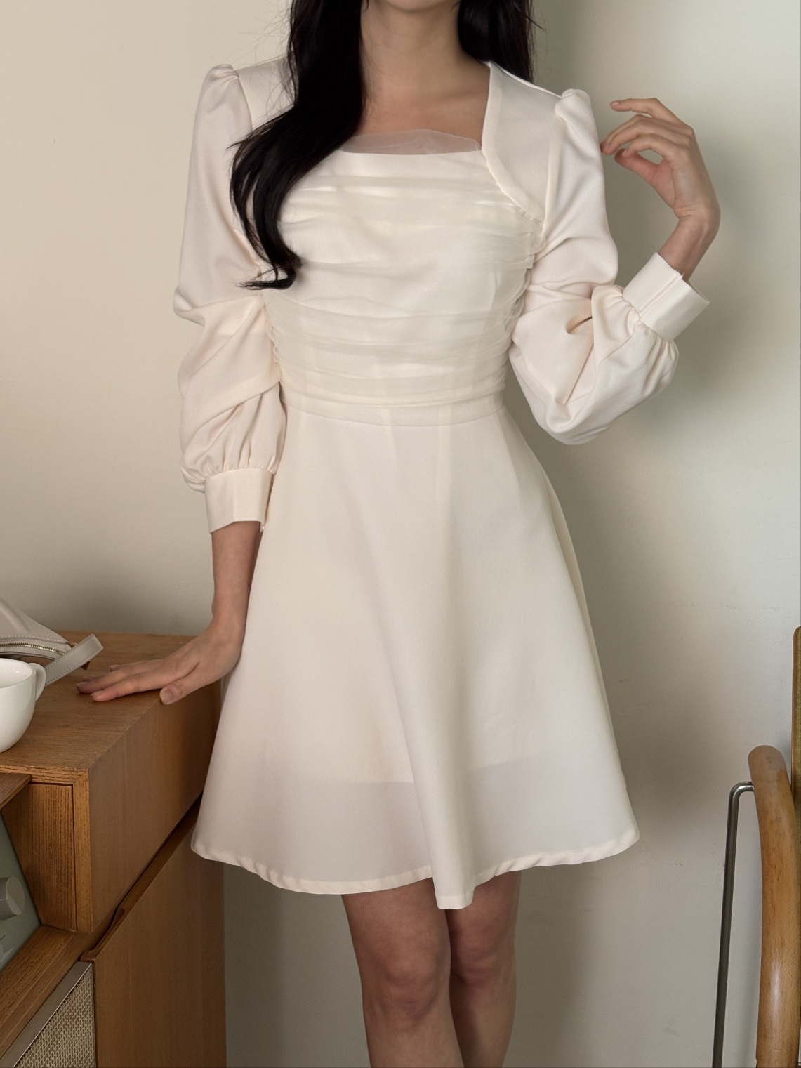 シフォンコンビスクエアネックパフスリーブ長袖フレアAラインボタンスリーブミニ無地ワンピース | 詳細画像10